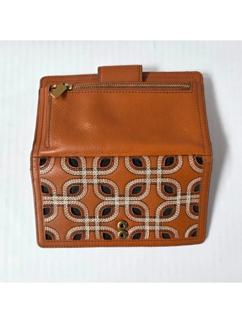 Fossil Womens Wallet Brown Leather Bifold Geometric Contrast Stitching Boho